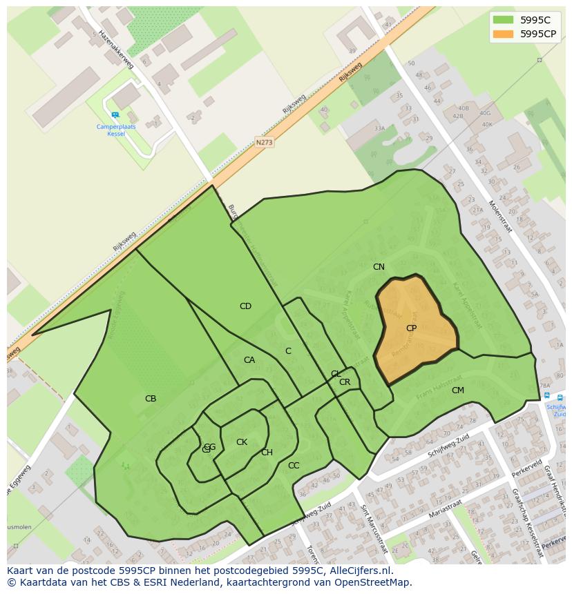 Afbeelding van het postcodegebied 5995 CP op de kaart.