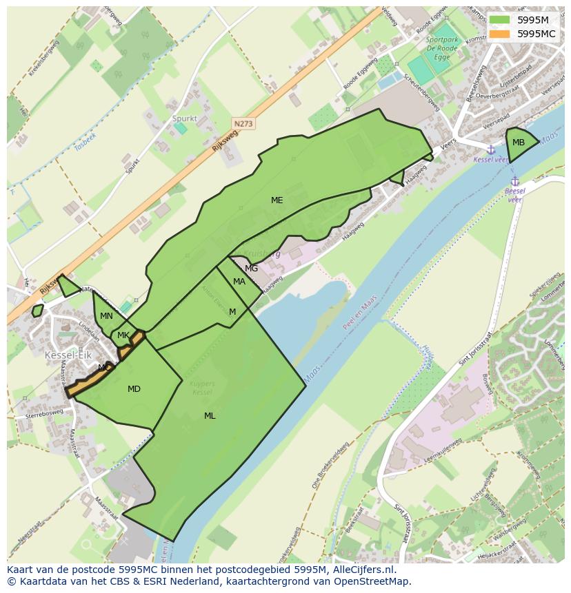 Afbeelding van het postcodegebied 5995 MC op de kaart.