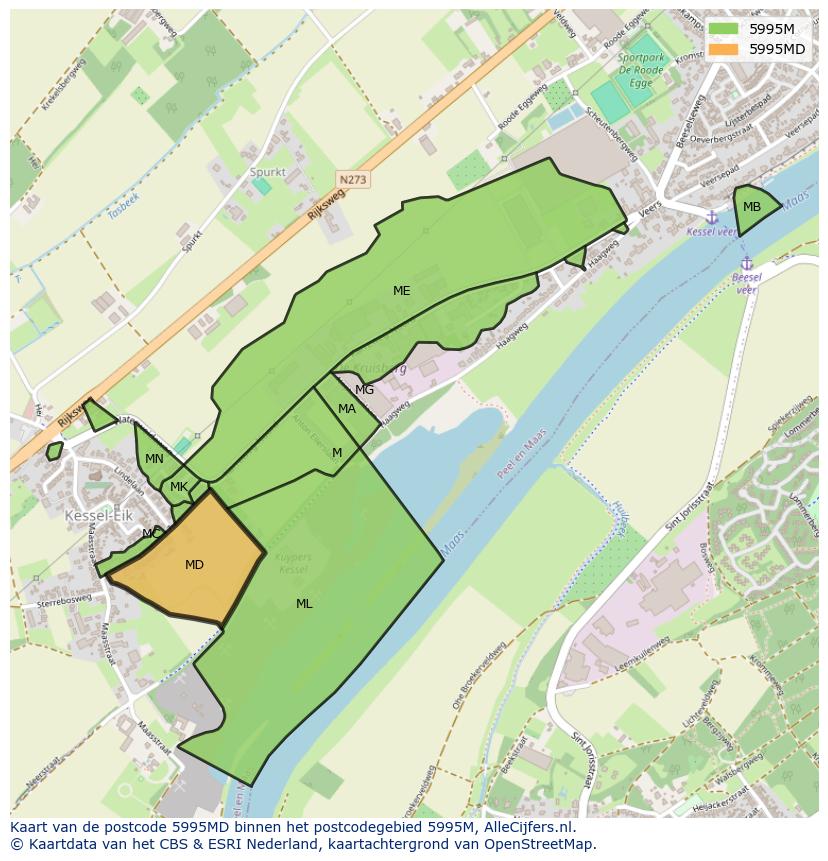 Afbeelding van het postcodegebied 5995 MD op de kaart.