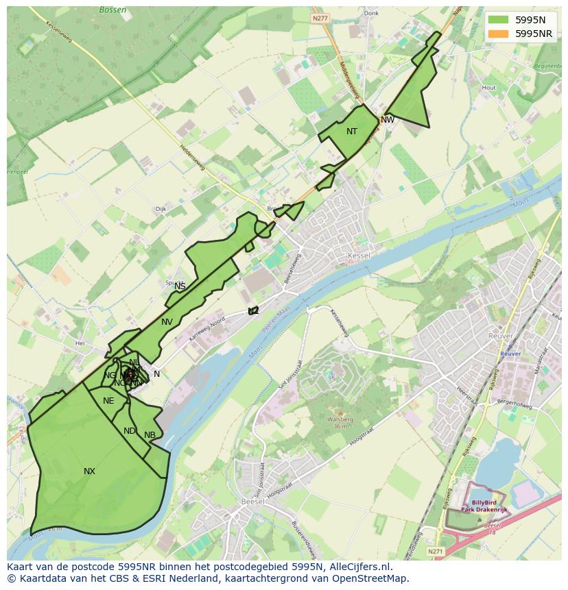 Afbeelding van het postcodegebied 5995 NR op de kaart.