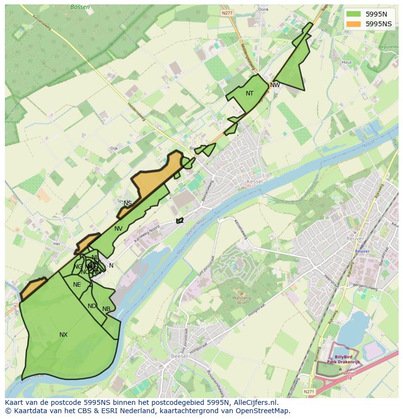 Afbeelding van het postcodegebied 5995 NS op de kaart.