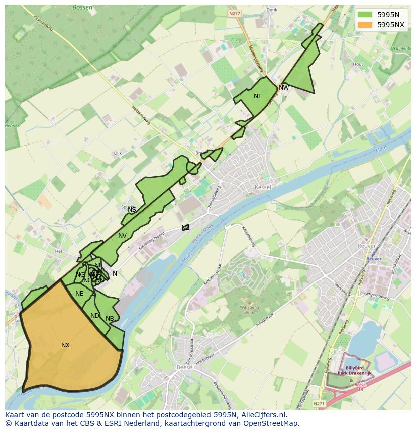 Afbeelding van het postcodegebied 5995 NX op de kaart.