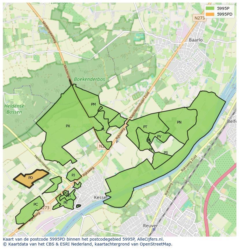 Afbeelding van het postcodegebied 5995 PD op de kaart.