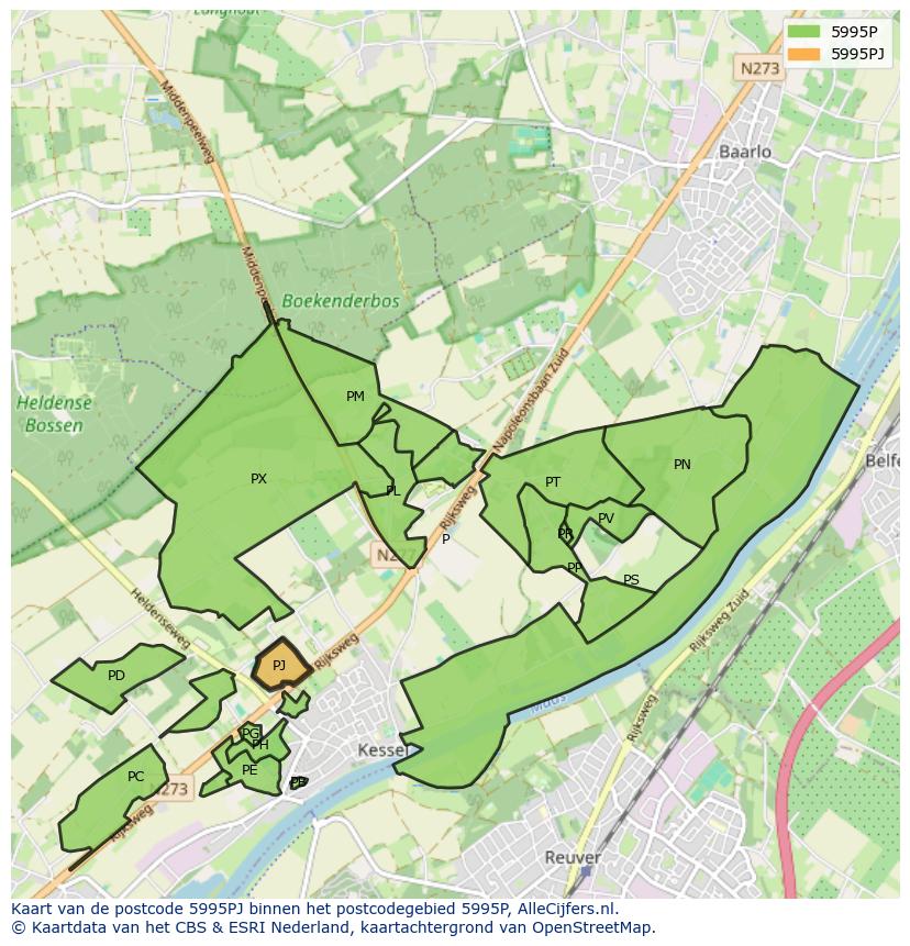 Afbeelding van het postcodegebied 5995 PJ op de kaart.