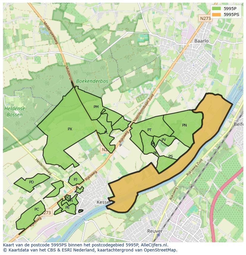 Afbeelding van het postcodegebied 5995 PS op de kaart.