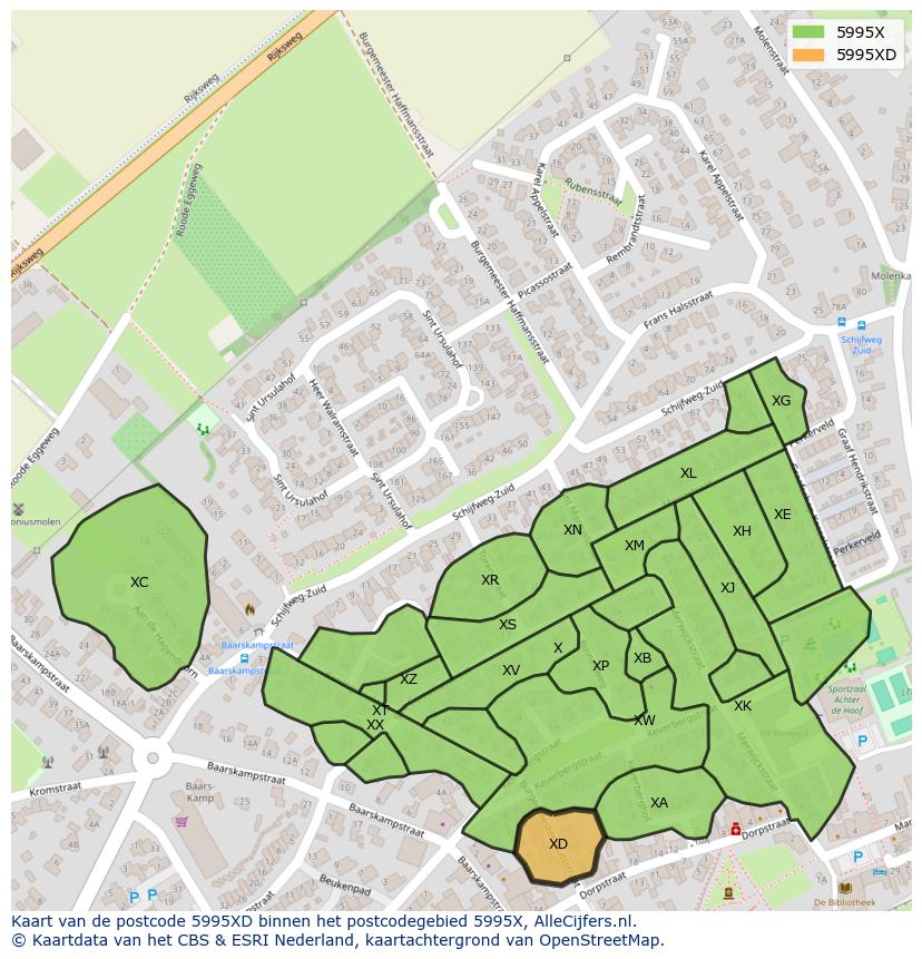 Afbeelding van het postcodegebied 5995 XD op de kaart.