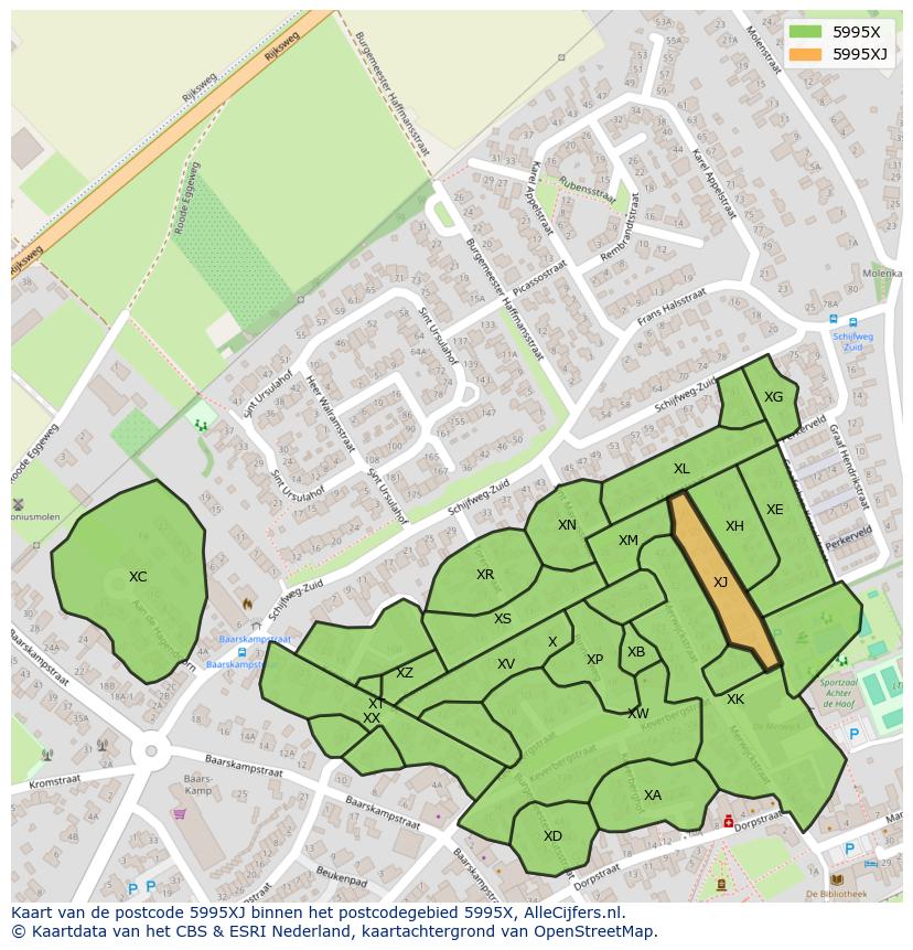 Afbeelding van het postcodegebied 5995 XJ op de kaart.