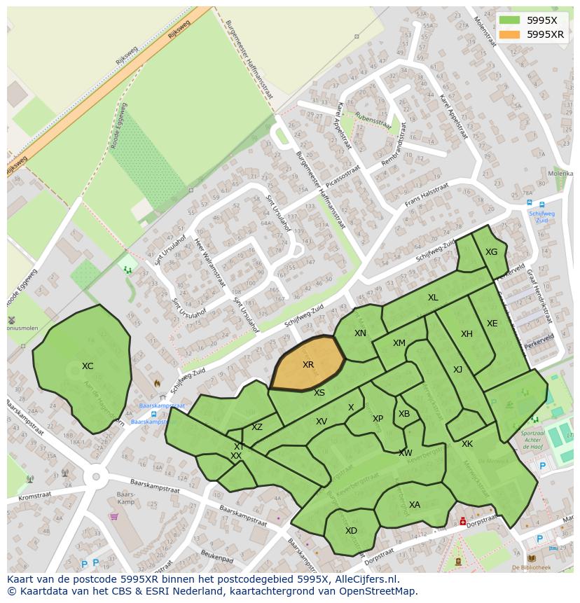 Afbeelding van het postcodegebied 5995 XR op de kaart.
