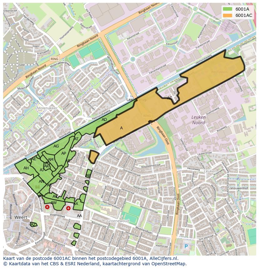 Afbeelding van het postcodegebied 6001 AC op de kaart.