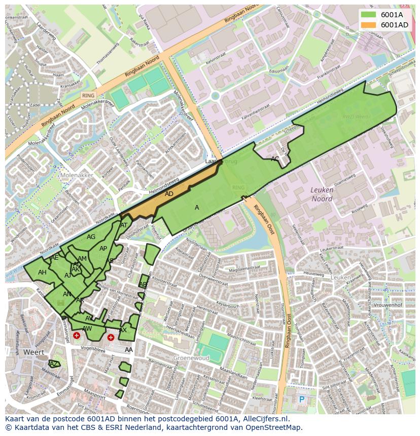 Afbeelding van het postcodegebied 6001 AD op de kaart.