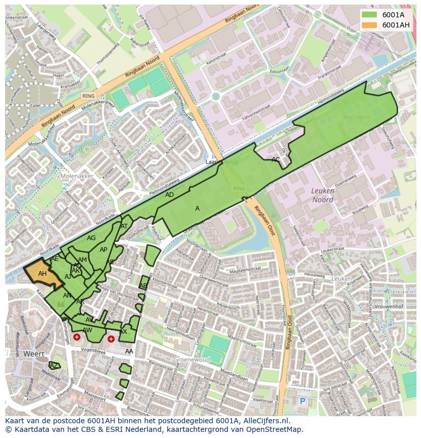 Afbeelding van het postcodegebied 6001 AH op de kaart.