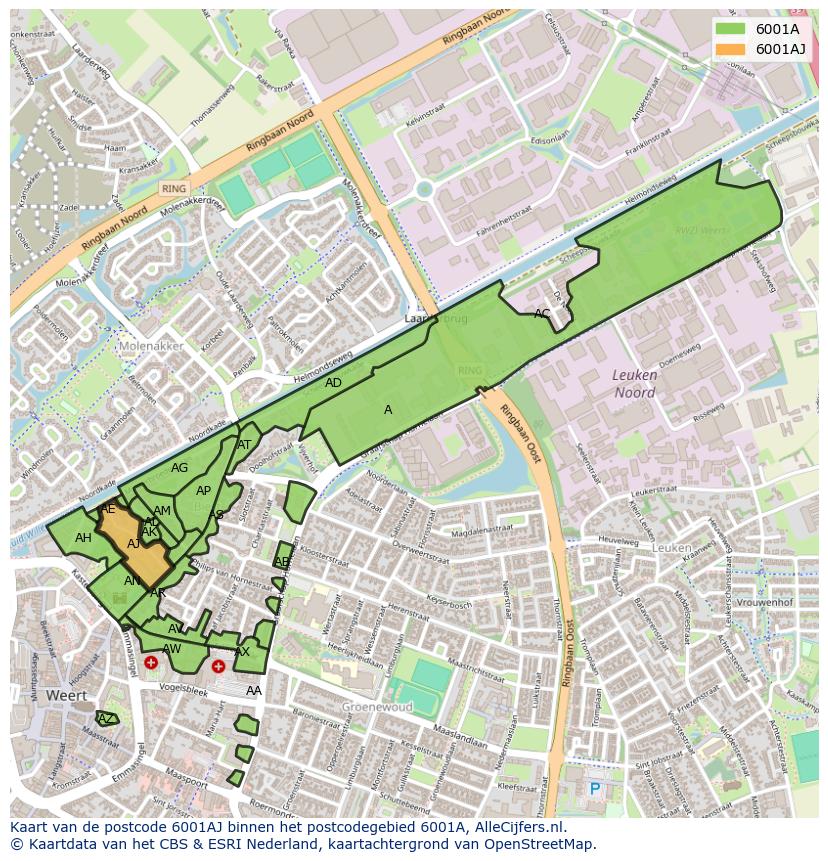 Afbeelding van het postcodegebied 6001 AJ op de kaart.