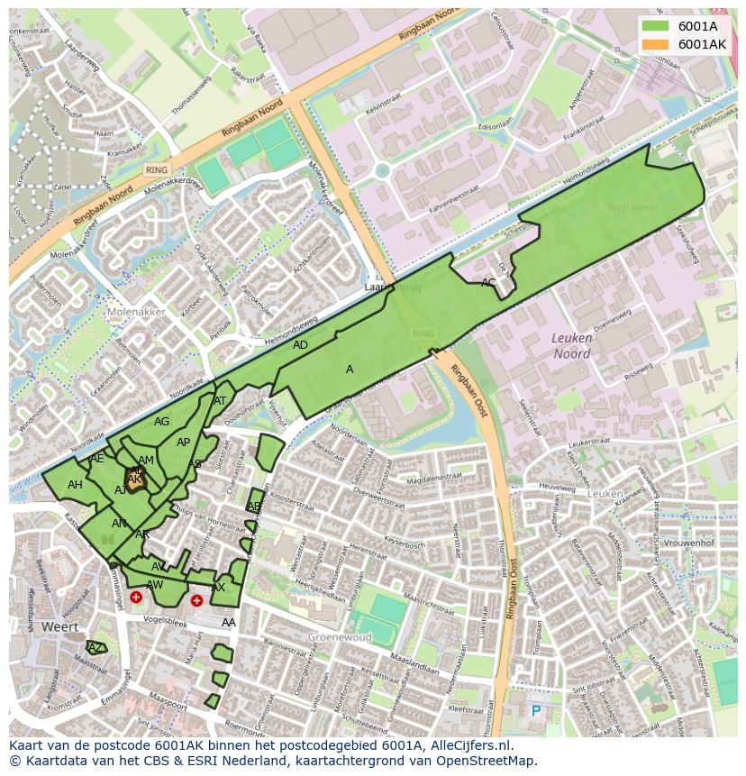 Afbeelding van het postcodegebied 6001 AK op de kaart.