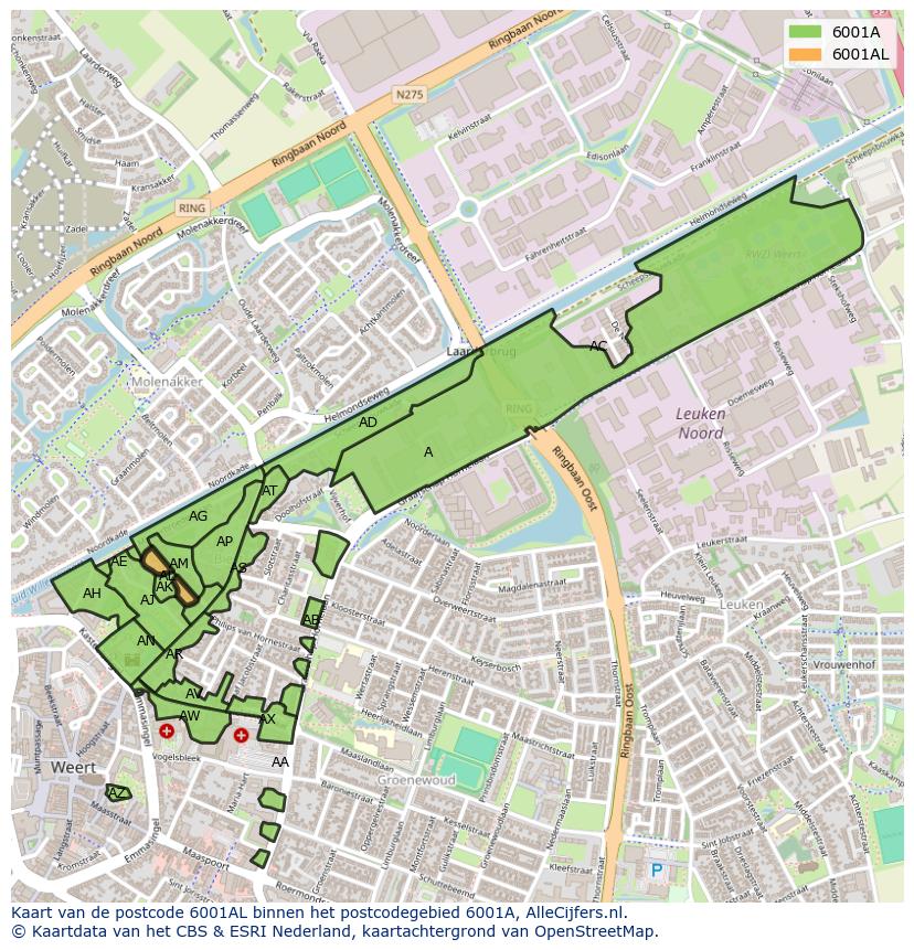 Afbeelding van het postcodegebied 6001 AL op de kaart.