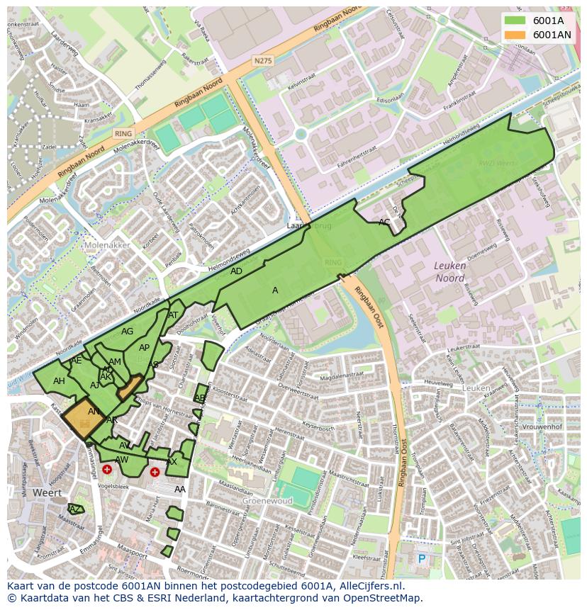 Afbeelding van het postcodegebied 6001 AN op de kaart.
