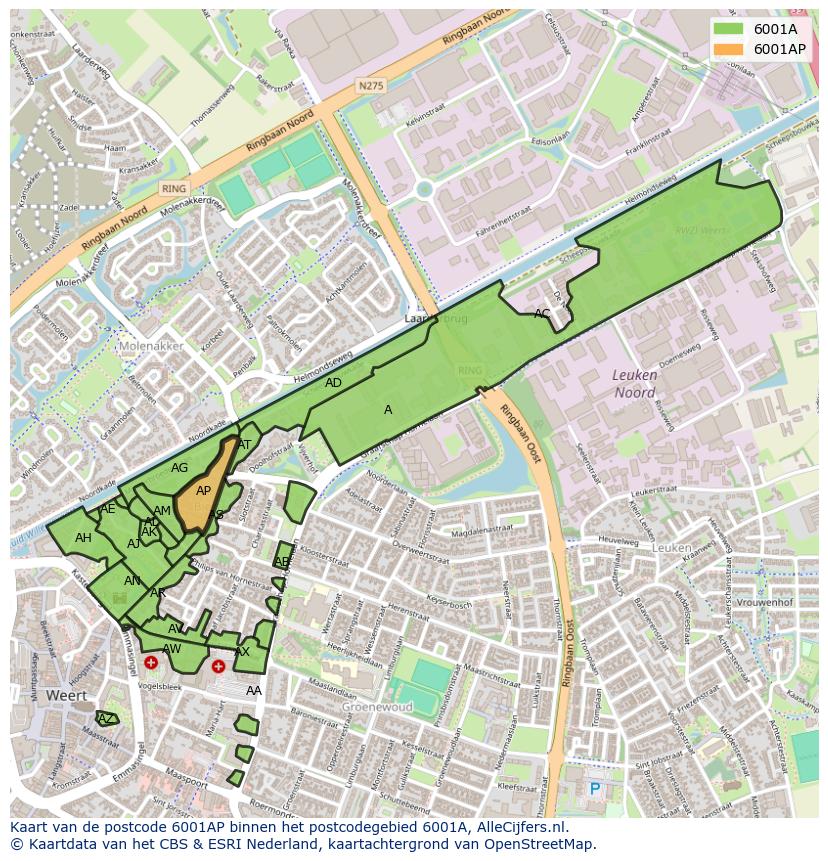 Afbeelding van het postcodegebied 6001 AP op de kaart.