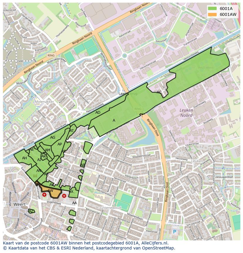 Afbeelding van het postcodegebied 6001 AW op de kaart.