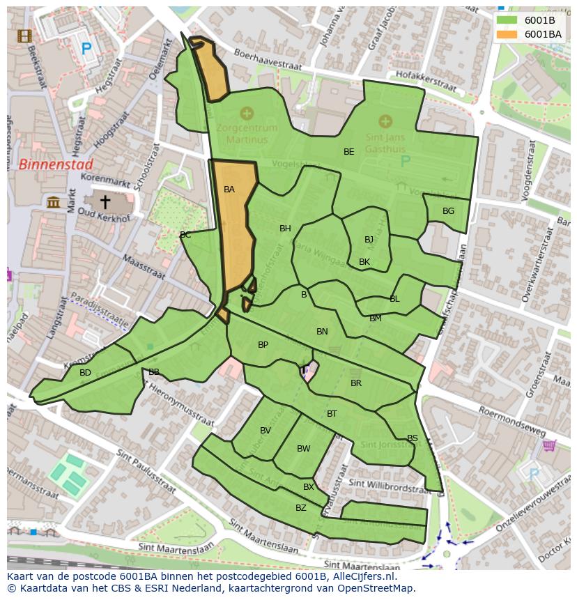 Afbeelding van het postcodegebied 6001 BA op de kaart.