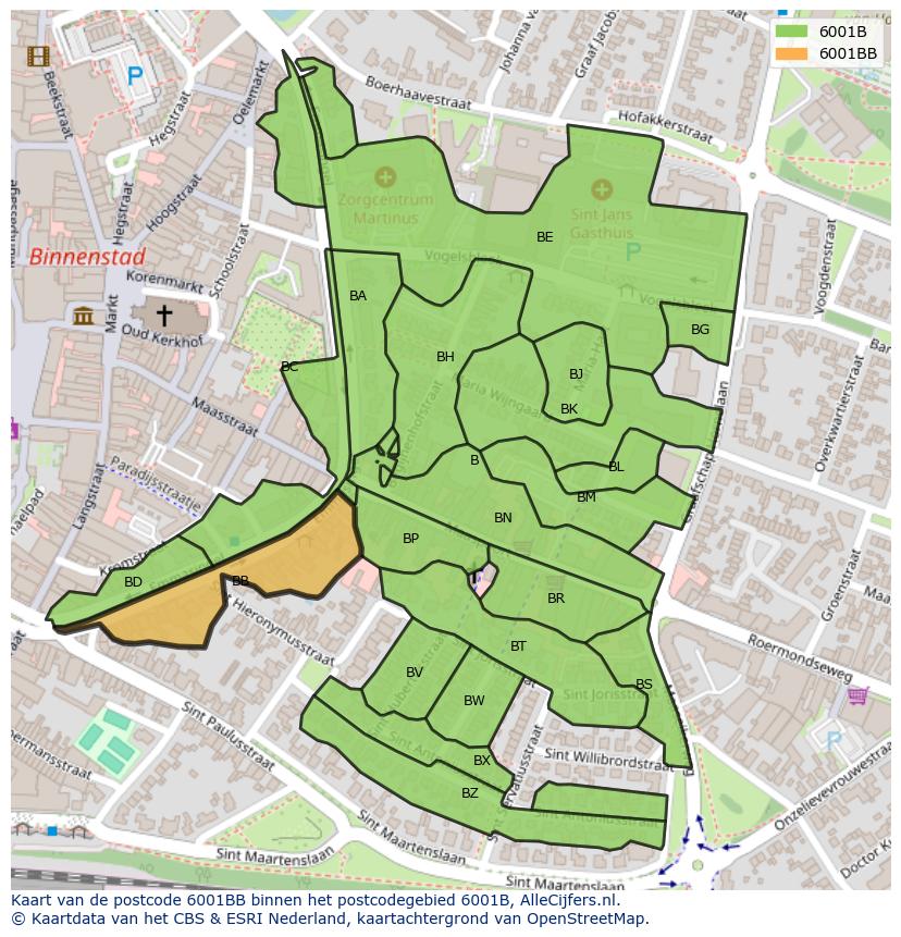 Afbeelding van het postcodegebied 6001 BB op de kaart.