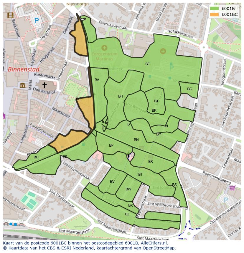 Afbeelding van het postcodegebied 6001 BC op de kaart.