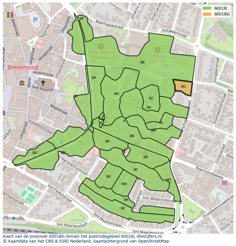 Afbeelding van het postcodegebied 6001 BG op de kaart.