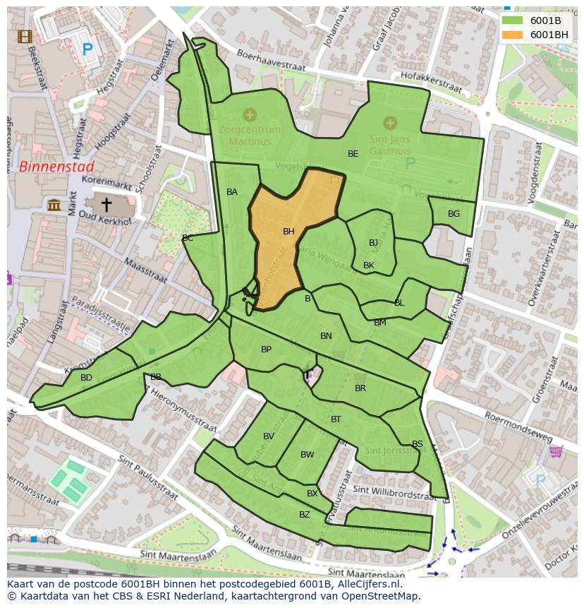 Afbeelding van het postcodegebied 6001 BH op de kaart.
