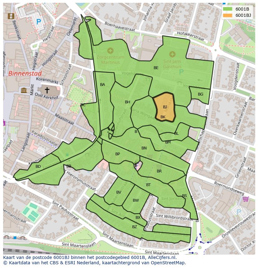 Afbeelding van het postcodegebied 6001 BJ op de kaart.