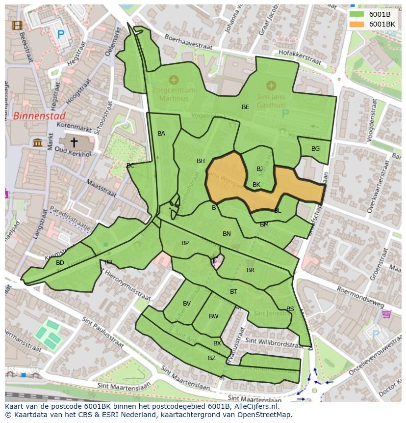 Afbeelding van het postcodegebied 6001 BK op de kaart.