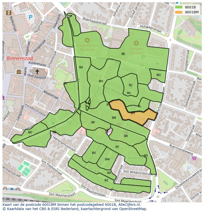Afbeelding van het postcodegebied 6001 BM op de kaart.