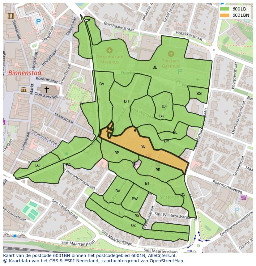 Afbeelding van het postcodegebied 6001 BN op de kaart.