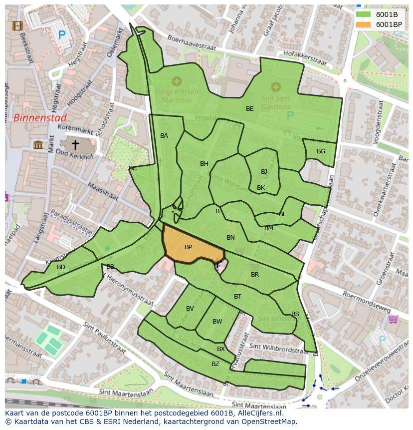 Afbeelding van het postcodegebied 6001 BP op de kaart.