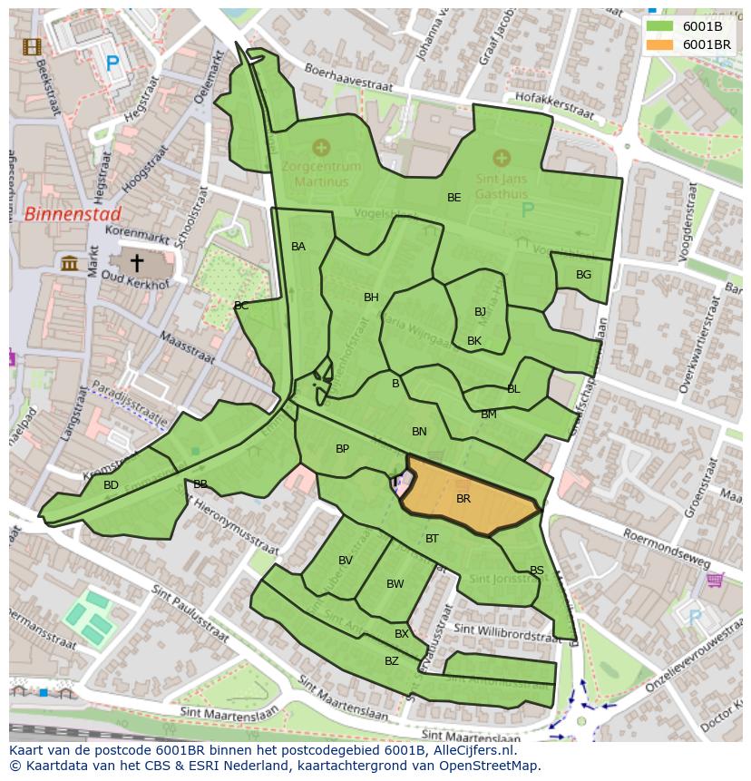 Afbeelding van het postcodegebied 6001 BR op de kaart.