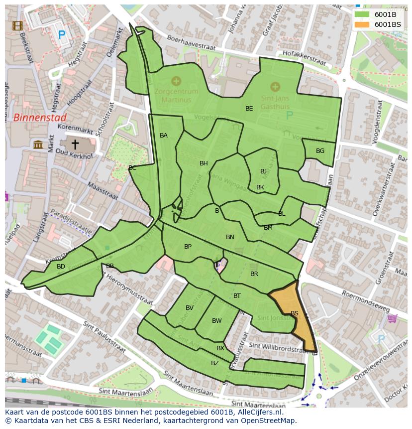 Afbeelding van het postcodegebied 6001 BS op de kaart.