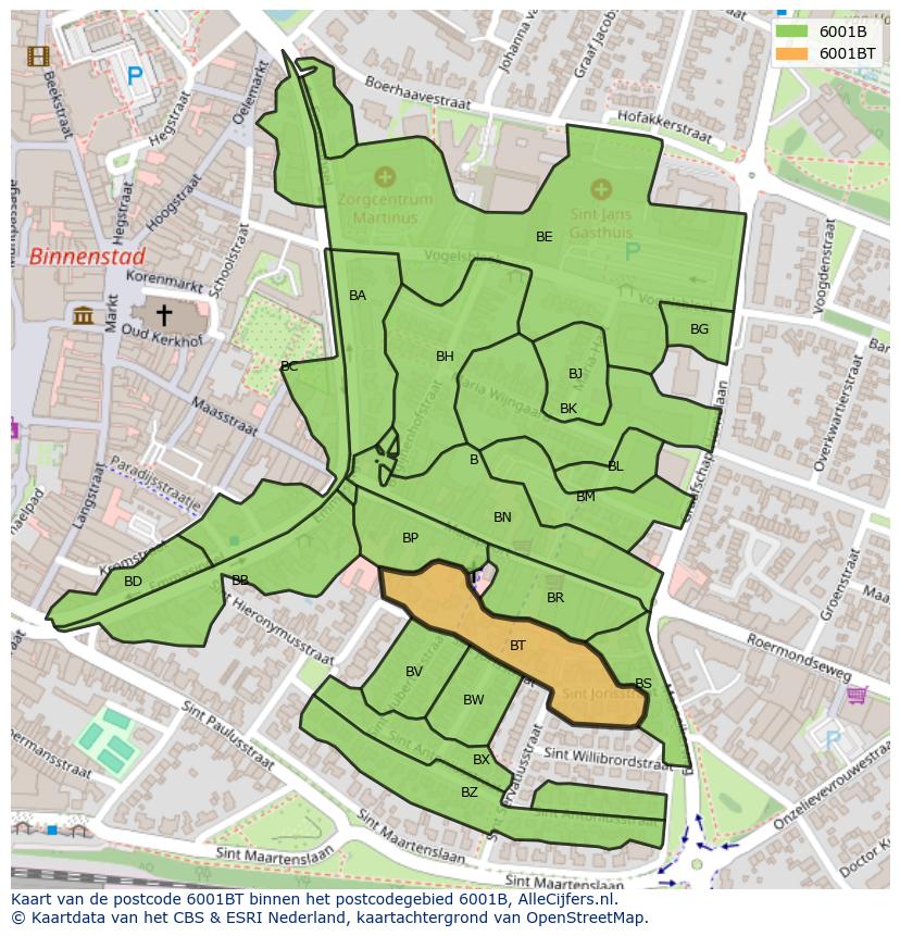Afbeelding van het postcodegebied 6001 BT op de kaart.