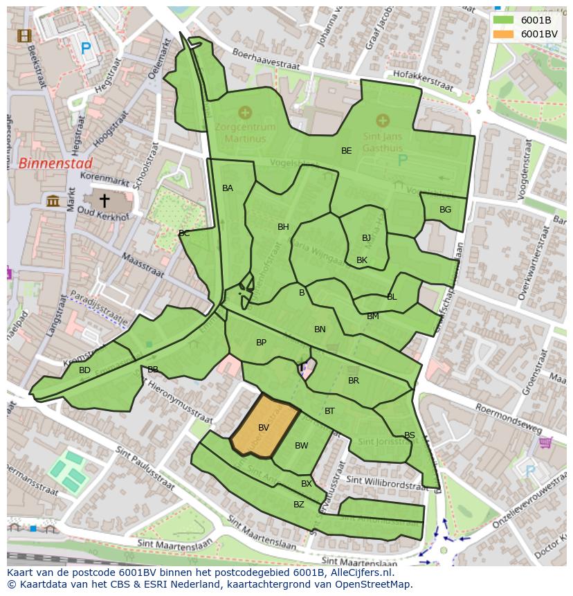 Afbeelding van het postcodegebied 6001 BV op de kaart.