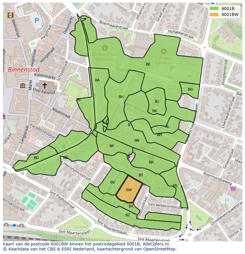 Afbeelding van het postcodegebied 6001 BW op de kaart.
