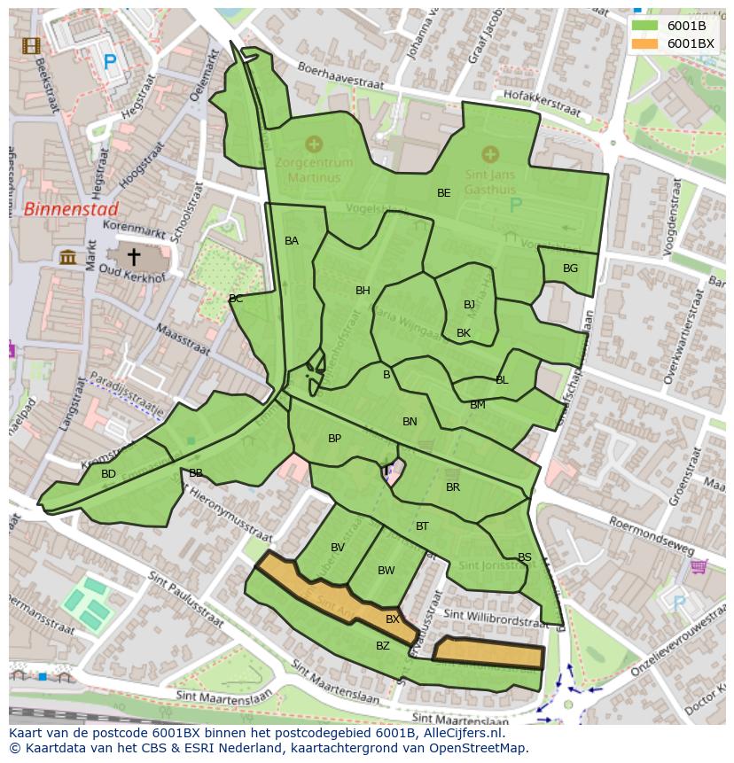 Afbeelding van het postcodegebied 6001 BX op de kaart.