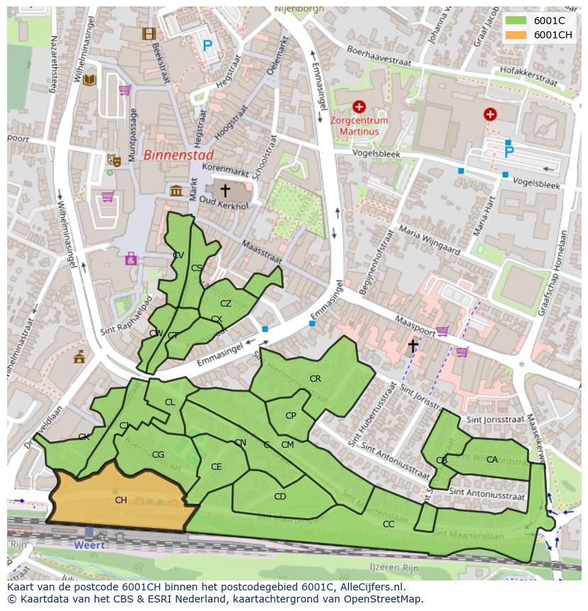 Afbeelding van het postcodegebied 6001 CH op de kaart.