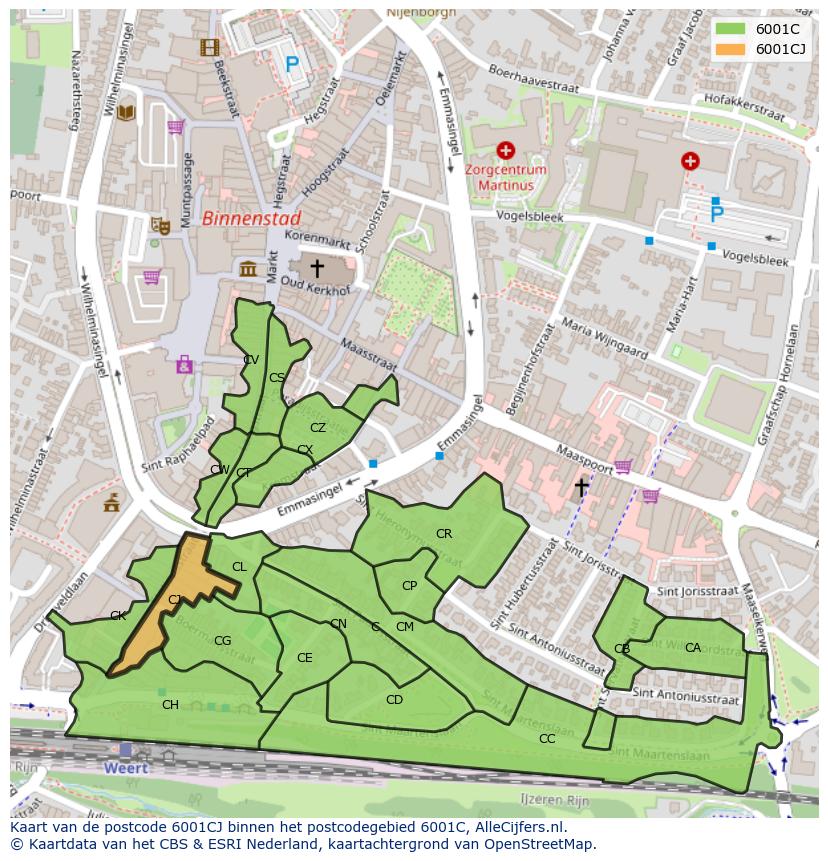 Afbeelding van het postcodegebied 6001 CJ op de kaart.