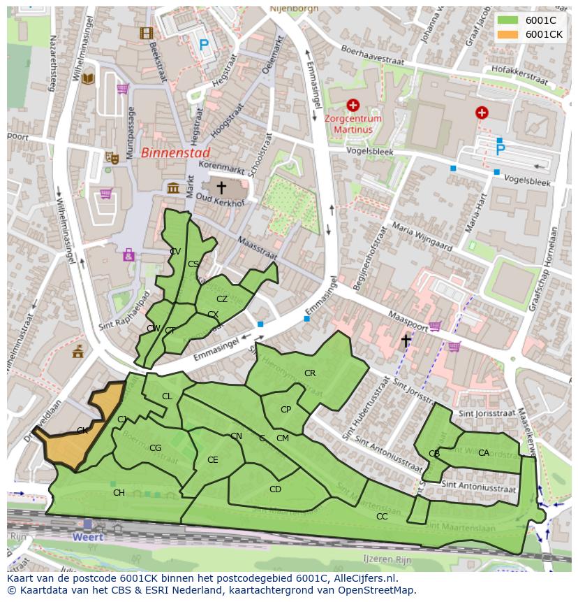 Afbeelding van het postcodegebied 6001 CK op de kaart.