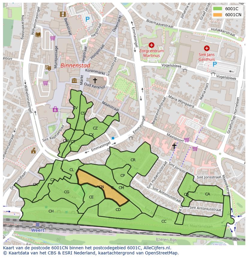 Afbeelding van het postcodegebied 6001 CN op de kaart.
