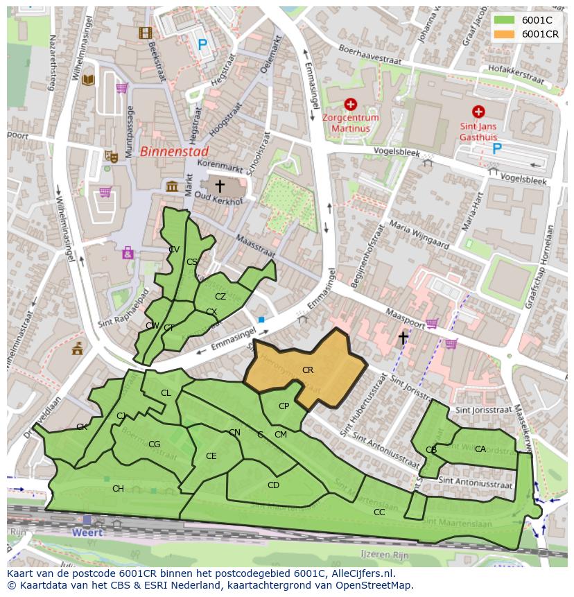 Afbeelding van het postcodegebied 6001 CR op de kaart.