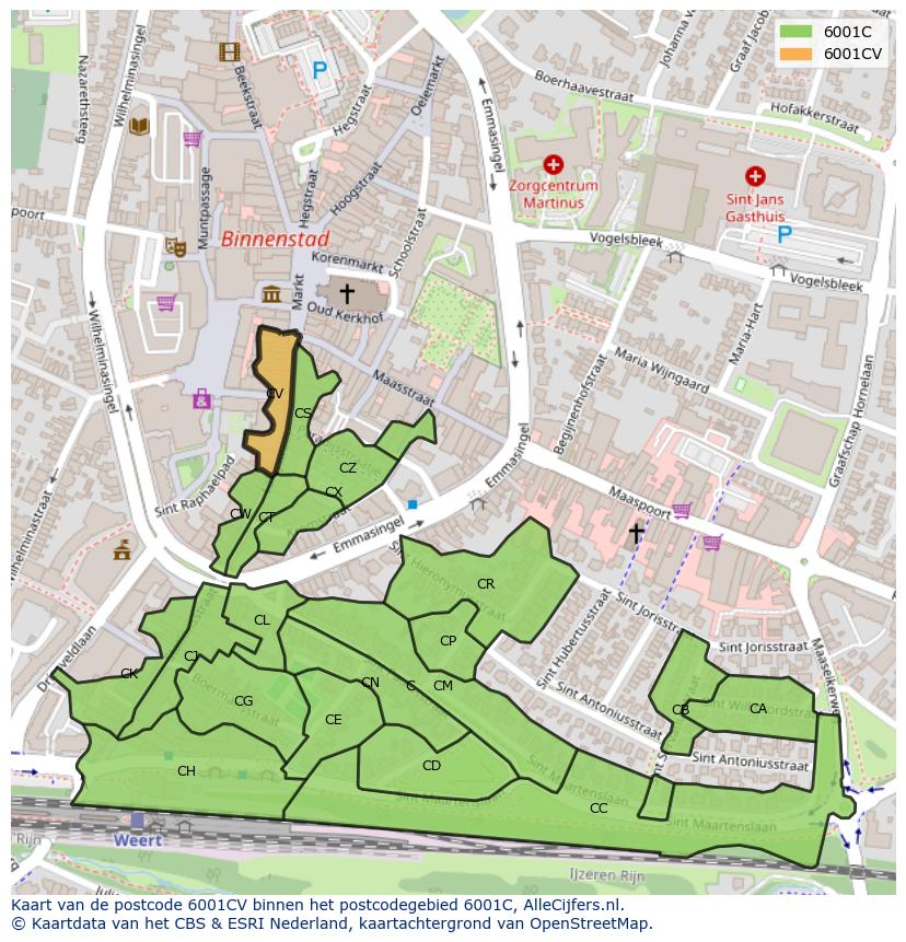 Afbeelding van het postcodegebied 6001 CV op de kaart.
