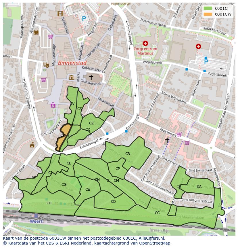 Afbeelding van het postcodegebied 6001 CW op de kaart.