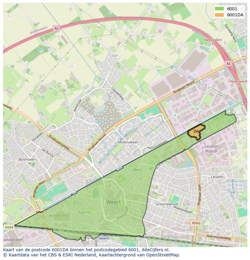 Afbeelding van het postcodegebied 6001 DA op de kaart.