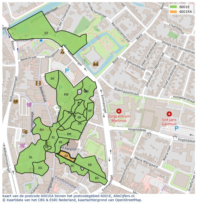 Afbeelding van het postcodegebied 6001 EA op de kaart.