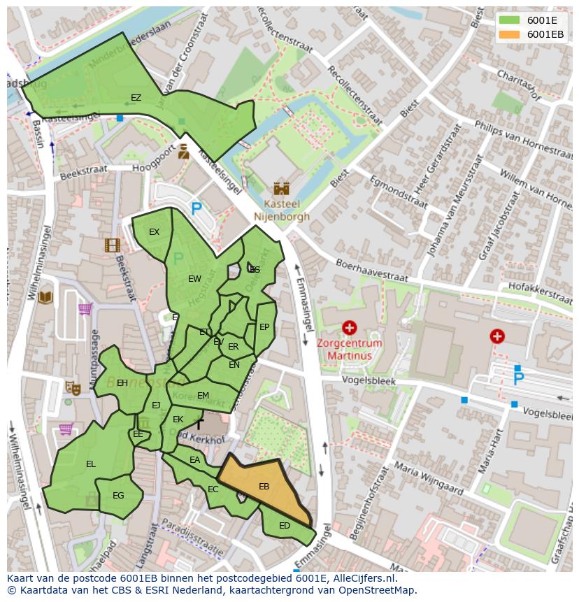 Afbeelding van het postcodegebied 6001 EB op de kaart.