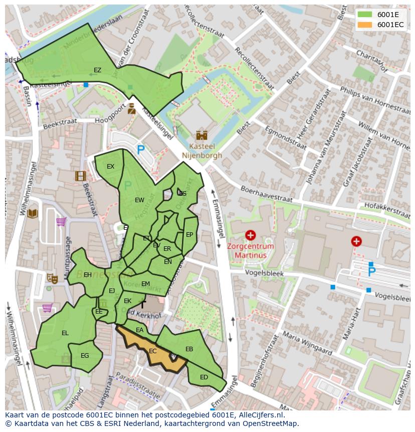 Afbeelding van het postcodegebied 6001 EC op de kaart.