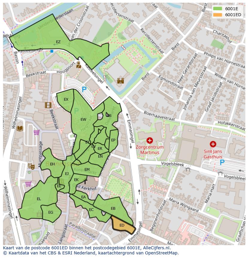 Afbeelding van het postcodegebied 6001 ED op de kaart.
