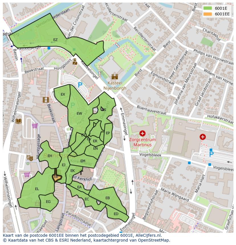Afbeelding van het postcodegebied 6001 EE op de kaart.